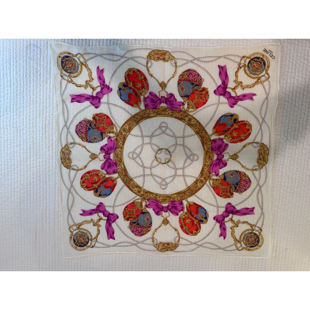 Celine Paris Vintage 18x18 Cotton‎ Scarf Handkerchief Equestrian Baroque Print
